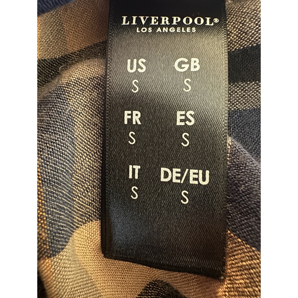 Liverpool Plaid Button Up Peasant Blouse Top Navy Blue Tan Tassel Tie S Small - Picture 7 of 9